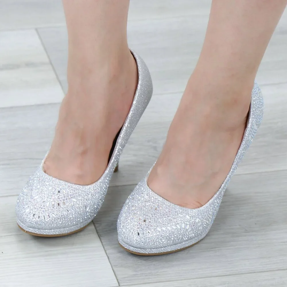 Silver Sparkly Rhinestone Glitter Diamond Platform Slip On Close Toe High Heel - Picture 4 of 15